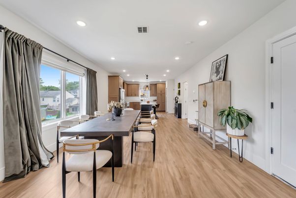Dining room, Interior, Kitchen, Pendant Lights, Recessed Lighting, Wood Texture Flooring