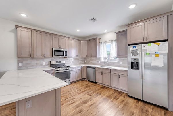 Interior, Kitchen, Recessed Lighting, Stainless Steel Appliances, Wood Texture Flooring