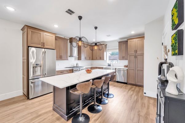 Interior, Kitchen, Pendant Lights, Recessed Lighting, Stainless Steel Appliances, Wood Texture Flooring