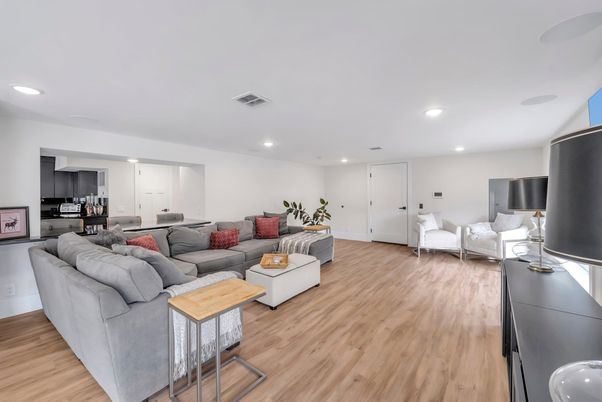Interior, Kitchen, Living room, Recessed Lighting, Wood Texture Flooring