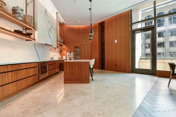 Interior, Kitchen, Marble Walls, Pendant Lights, Recessed Lighting, Stainless Steel Appliances