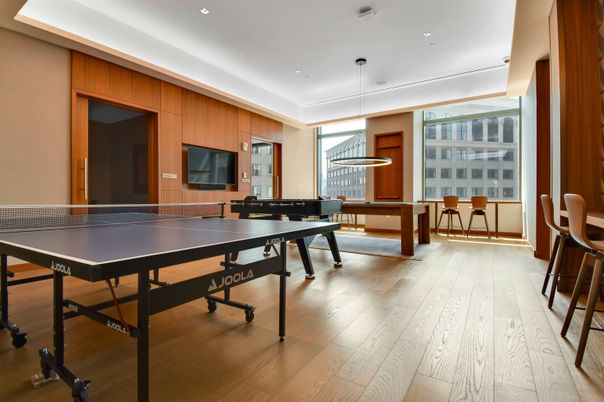 Game Room, Interior, Pendant Lights, Recessed Lighting, Wood Texture Flooring, Wooden Walls