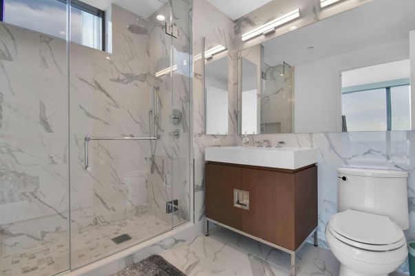 Bathroom, Glass Shower, Interior, Marble, Marble Walls, Recessed Lighting