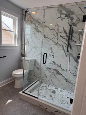 Bathroom, Glass Shower, Interior, Marble Walls, Recessed Lighting