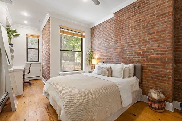 Bedroom, Home Office, Interior, Recessed Lighting, Stone Walls, Wood Texture Flooring