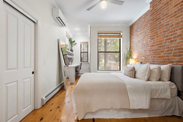 Bedroom, Interior, Recessed Lighting, Stone Walls, Wood Texture Flooring