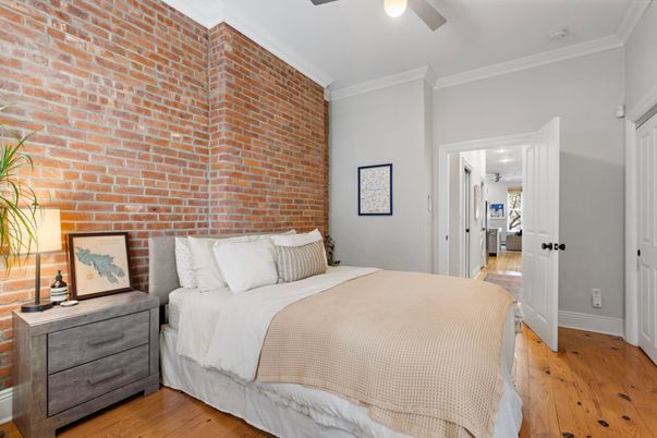 Bedroom, Interior, Stone Walls, Wood Texture Flooring