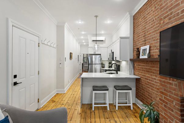 Interior, Kitchen, Pendant Lights, Recessed Lighting, Stainless Steel Appliances, Stone Walls, Wood Texture Flooring