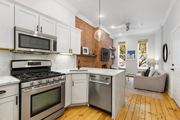 Interior, Kitchen, Pendant Lights, Recessed Lighting, Stainless Steel Appliances, Stone Walls, Wood Texture Flooring