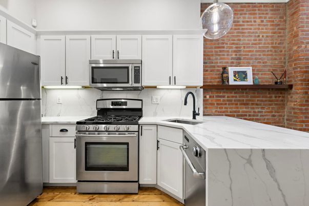 Interior, Kitchen, Stainless Steel Appliances, Stone Walls, Wood Texture Flooring