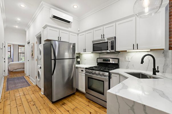 Interior, Kitchen, Recessed Lighting, Stainless Steel Appliances, Wood Texture Flooring