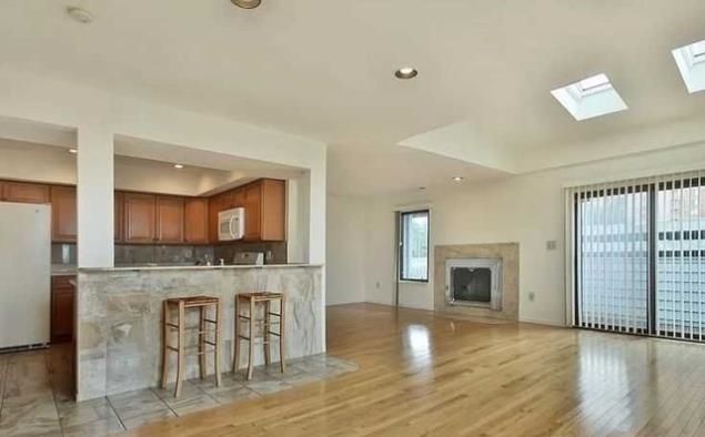 Empty room, Fireplace, Interior, Kitchen, Recessed Lighting, Wood Texture Flooring