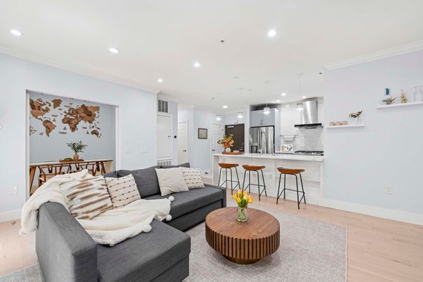 Interior, Kitchen, Living room, Pendant Lights, Recessed Lighting, Stainless Steel Appliances, Wood Texture Flooring