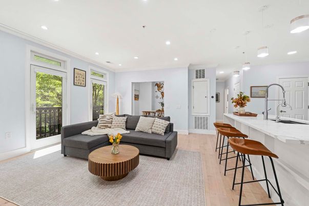 Interior, Kitchen, Living room, Pendant Lights, Recessed Lighting, Wood Texture Flooring