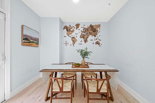 Dining room, Interior, Recessed Lighting, Wood Texture Flooring