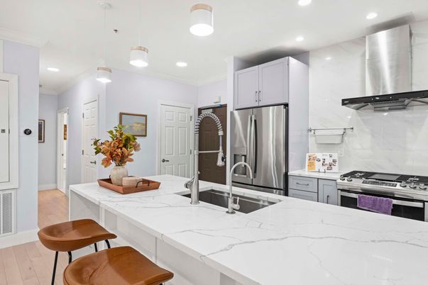 Interior, Kitchen, Pendant Lights, Recessed Lighting, Stainless Steel Appliances, Wood Texture Flooring