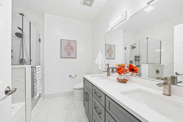 Bathroom, Dual Sink Vanities, Glass Shower, Interior, Marble, Marble Walls