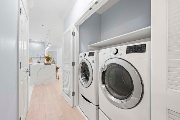 Interior, Kitchen, Marble Walls, Pendant Lights, Recessed Lighting, Utility Closets, Washer, Wood Texture Flooring