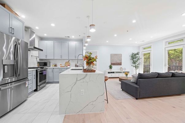Interior, Kitchen, Living room, Marble, Pendant Lights, Recessed Lighting, Stainless Steel Appliances, Wood Texture Flooring