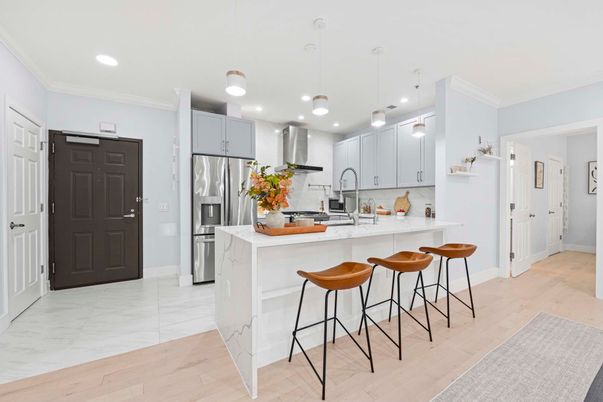 Interior, Kitchen, Marble, Pendant Lights, Recessed Lighting, Stainless Steel Appliances, Wood Texture Flooring