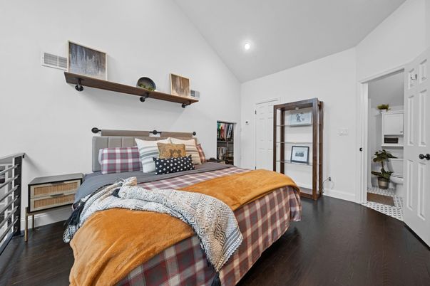 Bedroom, Interior, Recessed Lighting, Wood Texture Flooring