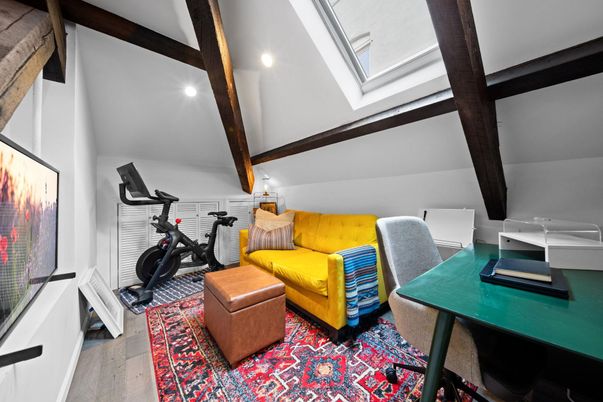 Fitness Equipment, Home Office, Interior, Recessed Lighting, Wooden Beams, Wood Texture Flooring