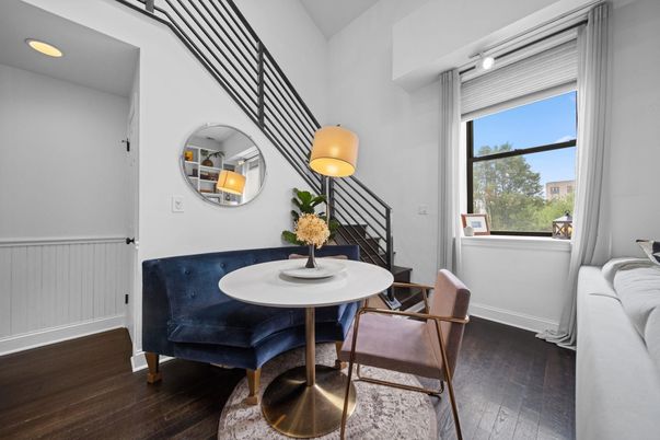 Dining room, Interior, Recessed Lighting, Wood Texture Flooring