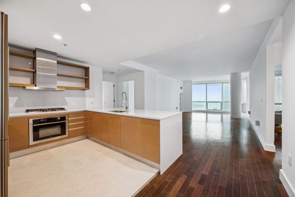 Interior, Kitchen, Recessed Lighting, Stainless Steel Appliances, Water, Wood Texture Flooring