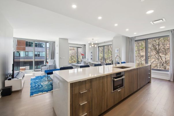 Dining room, Interior, Kitchen, Living room, Pendant Lights, Recessed Lighting, Stainless Steel Appliances, Wood Texture Flooring
