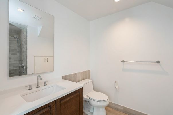 Bathroom, Glass Shower, Interior, Recessed Lighting, Wood Texture Flooring