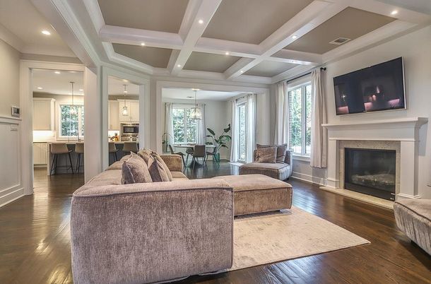 Dining room, Fireplace, Interior, Living room, Pendant Lights, Recessed Lighting, Wood Texture Flooring