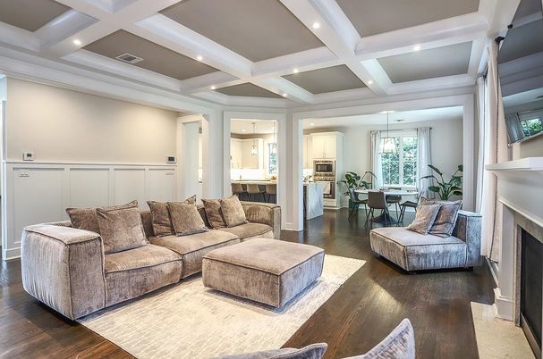 Dining room, Fireplace, Interior, Kitchen, Living room, Pendant Lights, Recessed Lighting, Wood Texture Flooring