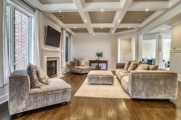 Fireplace, Interior, Living room, Recessed Lighting, Wood Texture Flooring