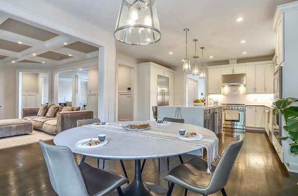 Dining room, Interior, Kitchen, Living room, Pendant Lights, Recessed Lighting, Stainless Steel Appliances, Wood Texture Flooring