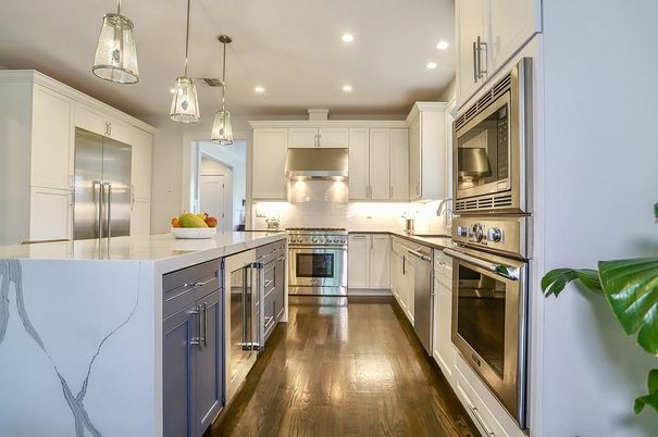 Interior, Kitchen, Pendant Lights, Recessed Lighting, Stainless Steel Appliances, Wood Texture Flooring
