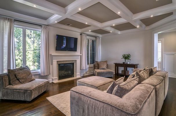Fireplace, Interior, Living room, Recessed Lighting, Wood Texture Flooring