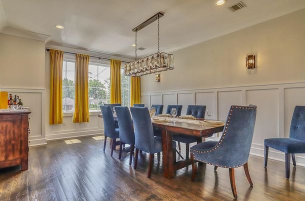 Dining room, Interior, Pendant Lights, Recessed Lighting, Wood Texture Flooring