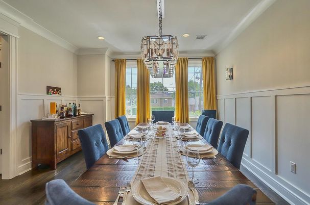 Dining room, Interior, Pendant Lights, Recessed Lighting, Wood Texture Flooring