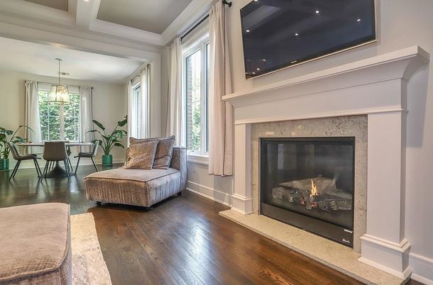 Dining room, Fireplace, Interior, Pendant Lights, Recessed Lighting, Wood Texture Flooring