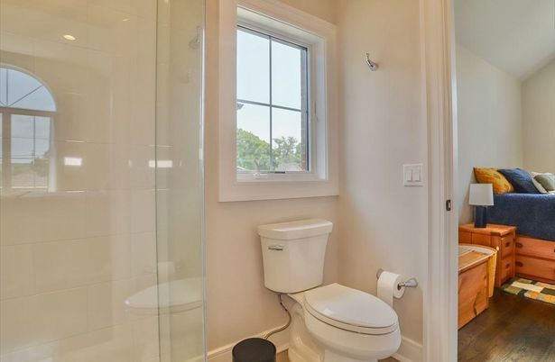 Bathroom, Glass Shower, Interior, Wood Texture Flooring