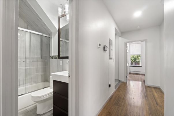 Bathroom, Glass Shower, Interior, Recessed Lighting, Wood Texture Flooring