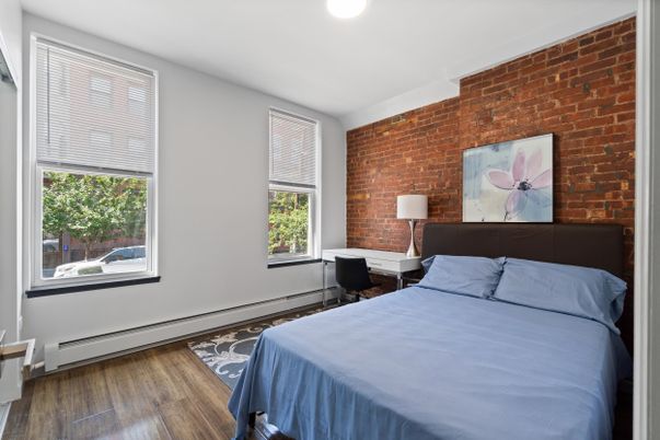 Bedroom, Interior, Recessed Lighting, Stone Walls, Wood Texture Flooring