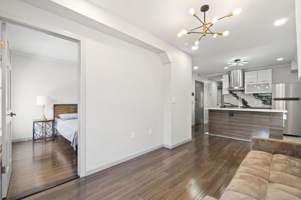 Bedroom, Interior, Kitchen, Pendant Lights, Recessed Lighting, Stainless Steel Appliances, Wood Texture Flooring