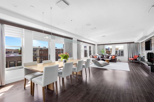 Dining room, Fireplace, Interior, Living room, Pendant Lights, Recessed Lighting, Wood Texture Flooring