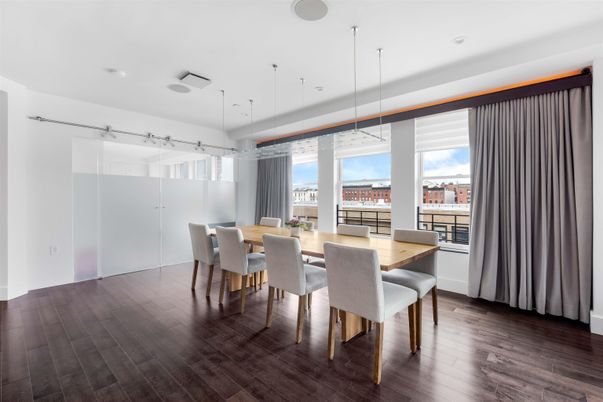 Dining room, Interior, Pendant Lights, Recessed Lighting, Wood Texture Flooring