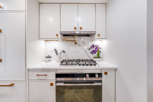 Interior, Kitchen, Marble Walls, Stainless Steel Appliances, Wood Texture Flooring
