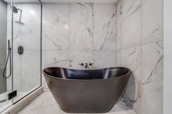 Bathroom, Free Standing Baths, Glass Shower, Interior, Marble, Marble Walls