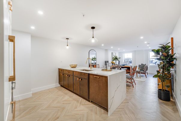 Dining room, Interior, Kitchen, Pendant Lights, Recessed Lighting, Wood Texture Flooring