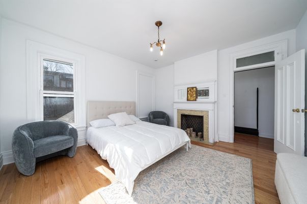 Bedroom, Fireplace, Interior, Pendant Lights, Wood Texture Flooring