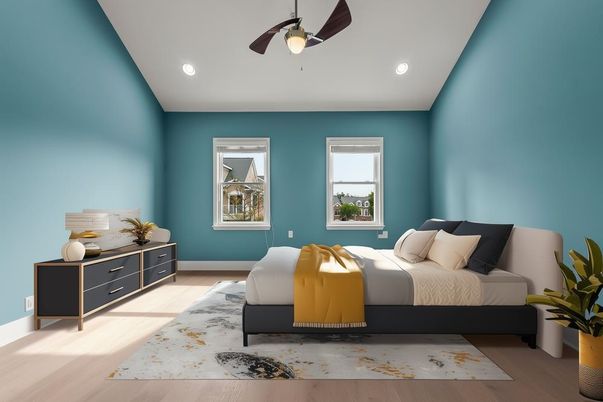 Bedroom, Interior, Recessed Lighting, Wood Texture Flooring